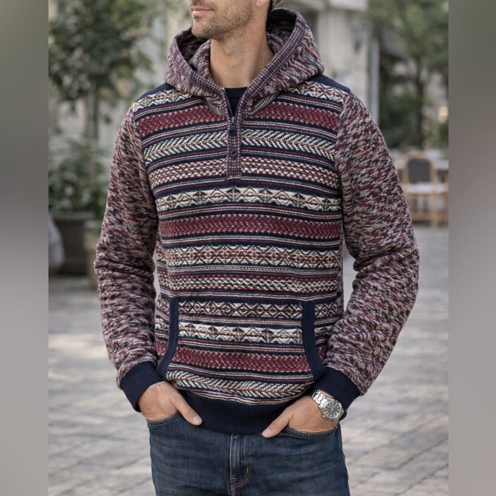 Projek Raw Hooded Knit Sweater – Nordic Pattern – Size S